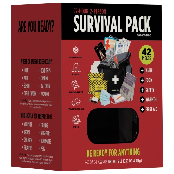A box with the Augason Farms 72-Hour 2-Person Survival Pack Bug Out Bag - (SHIPS IN 1-2 WEEKS) in it.