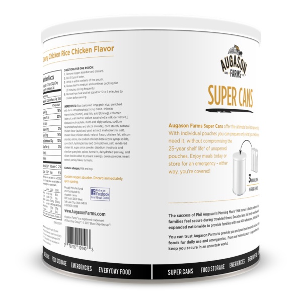 A can of Augason Farms Creamy Chicken-Flavored Rice Super #10 Can - 24 Servings - (SHIPS IN 1-2 WEEKS) protein powder.