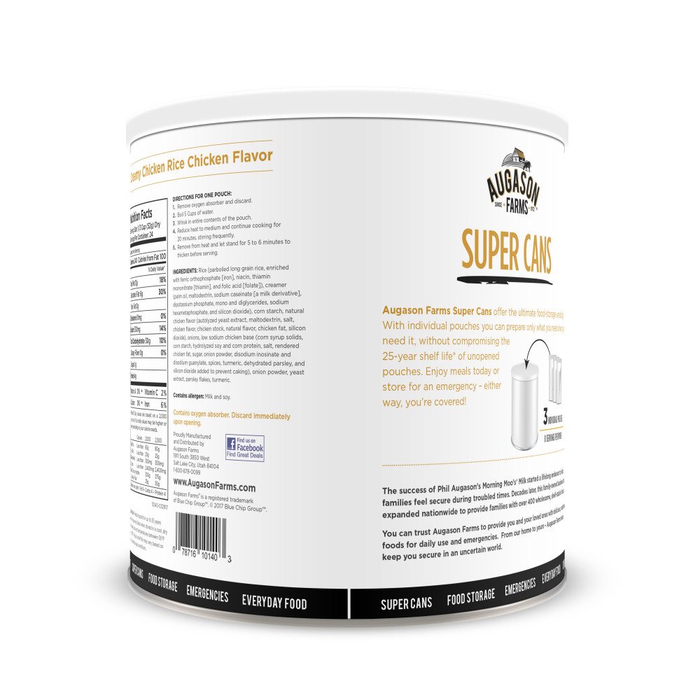 A can of Augason Farms Creamy Chicken-Flavored Rice Super #10 Can - 24 Servings - (SHIPS IN 1-2 WEEKS) protein powder.