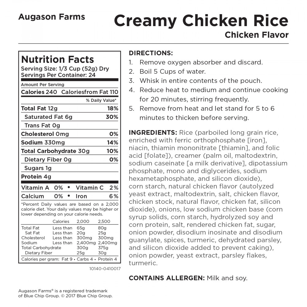 Augason Farms Creamy Chicken-Flavored Rice Super #10 Can - 24 Servings - (SHIPS IN 1-2 WEEKS) nutrition label.
