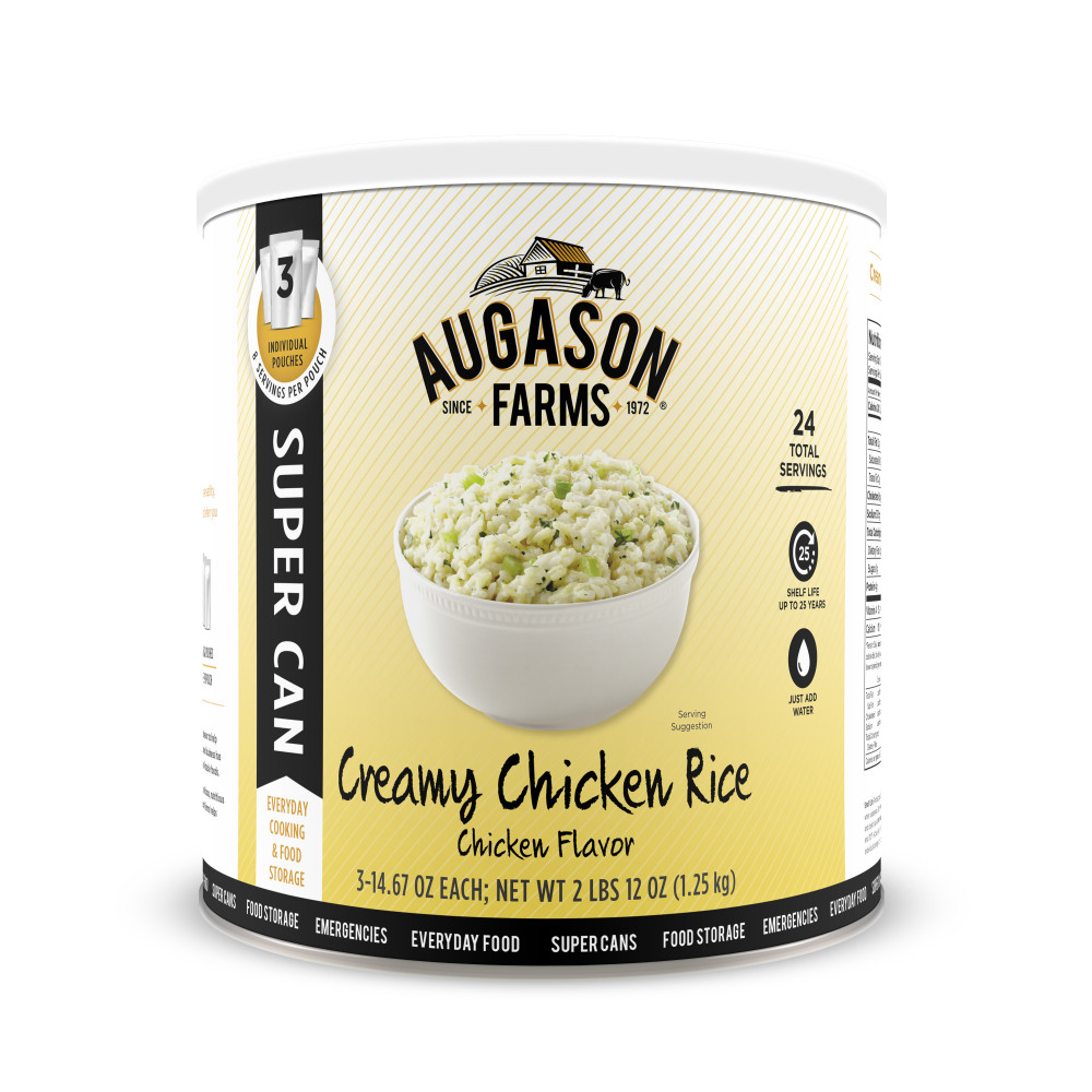 A can of Augason Farms Creamy Chicken-Flavored Rice Super #10 Can - 24 Servings - (SHIPS IN 1-2 WEEKS).