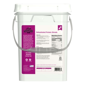 A white Augason Farms Dehydrated Potato Shreds 4 Gallon Pail - 102 Servings - (SHIPS IN 1-2 WEEKS) with a purple lid on it.