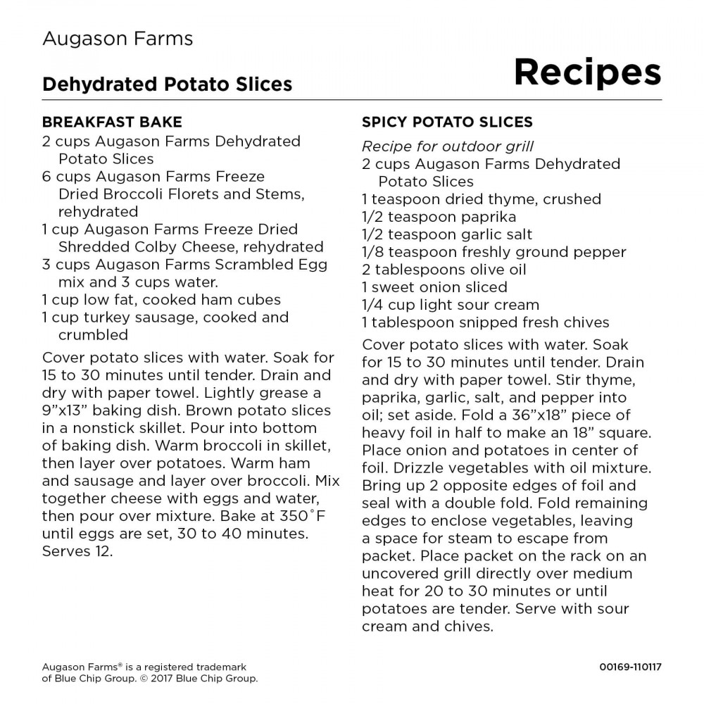 A recipe for Augason Farms Dehydrated Potato Slices 4 Gallon Pail - 68 Servings Bucket - (SHIPS IN 1-2 WEEKS).