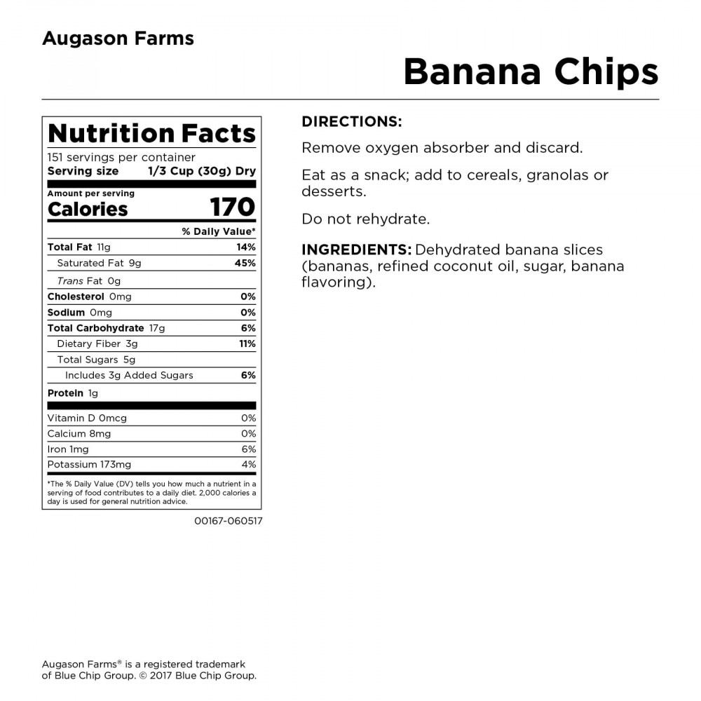 A nutrition label for Augason Farms Dehydrated Banana Slices 4 Gallon Pail - 151 Servings Bucket - (SHIPS IN 1-2 WEEKS).