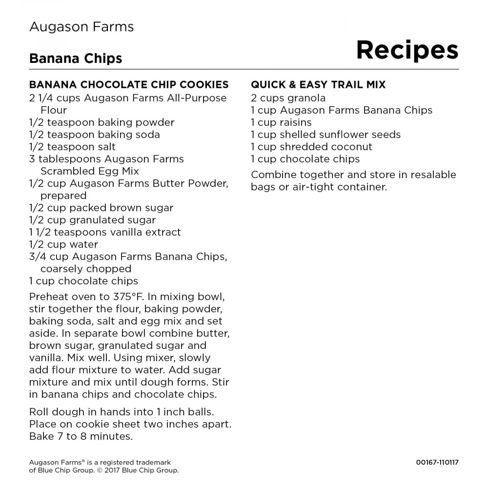 Augason Farms Dehydrated Banana Slices 4 Gallon Pail - 151 Servings Bucket - (SHIPS IN 1-2 WEEKS) chocolate chip cookie recipe.