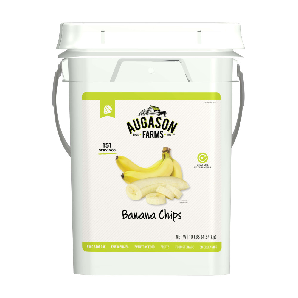 A bucket of Augason Farms Dehydrated Banana Slices 4 Gallon Pail - 151 Servings on a white background. (SHIPS IN 1-2 WEEKS)