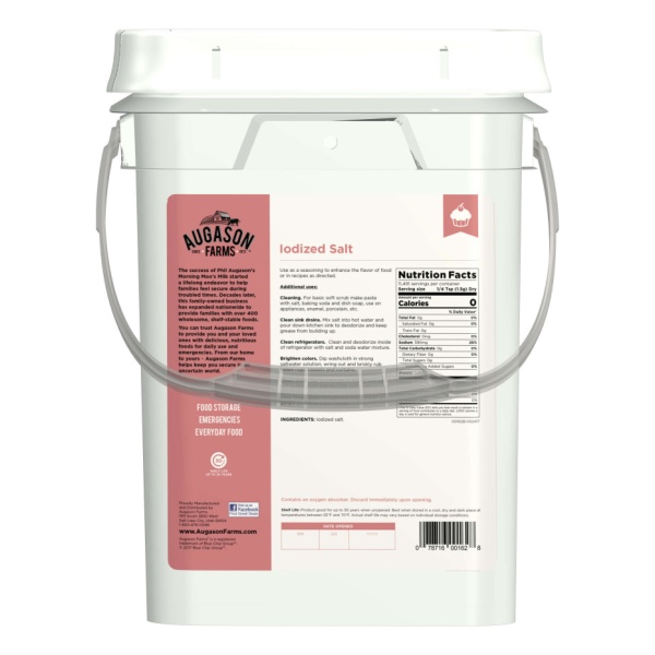 A white Augason Farms Iodized Salt 4 Gallon Pail - 11,491 Servings - (SHIPS IN 1-2 WEEKS) with a handle on it.