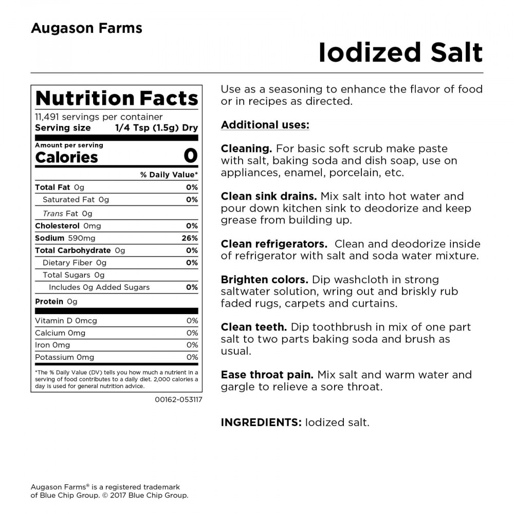A nutrition label for Augason Farms Iodized Salt 4 Gallon Pail - 11,491 Servings - (SHIPS IN 1-2 WEEKS).