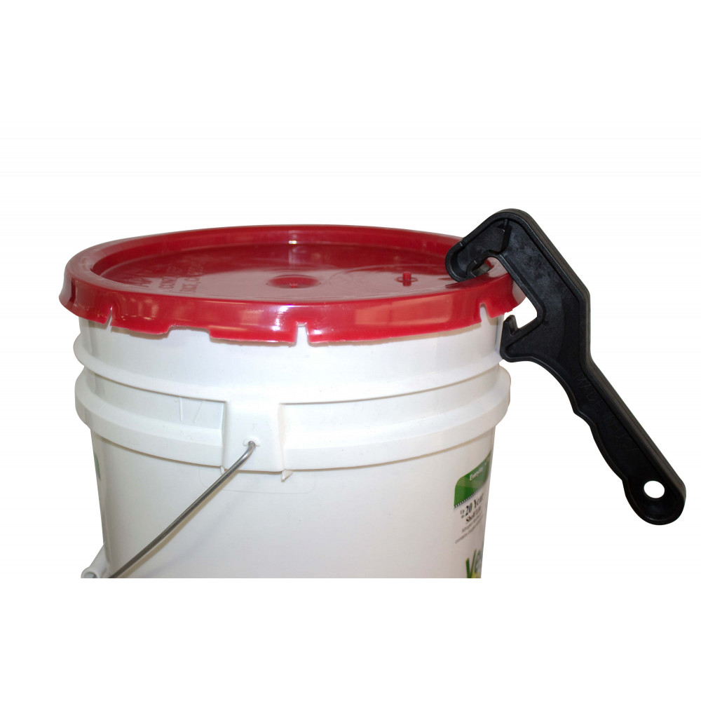 A white Augason Farms Pail and Bucket Lid Opener with Bung Wrench - (SHIPS IN 1-2 WEEKS) with a red handle on it.
