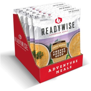 A box of ReadyWise (formerly Wise Food Storage) Open Range Cheesy Potato Soup 6 Pack (SHIPS IN 1-2 WEEKS) in a box.