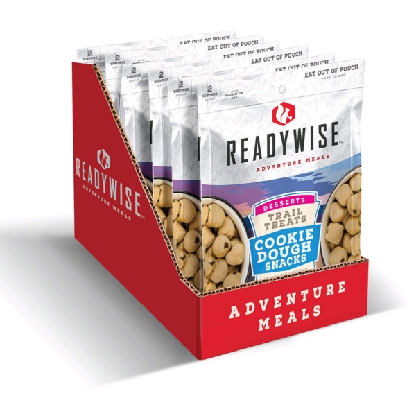 A display of *ReadyWise (formerly Wise Food Storage) Trail Treats Cookie Dough Snacks - 6 Pack (SHIPS IN 1-2 WEEKS) in a box.