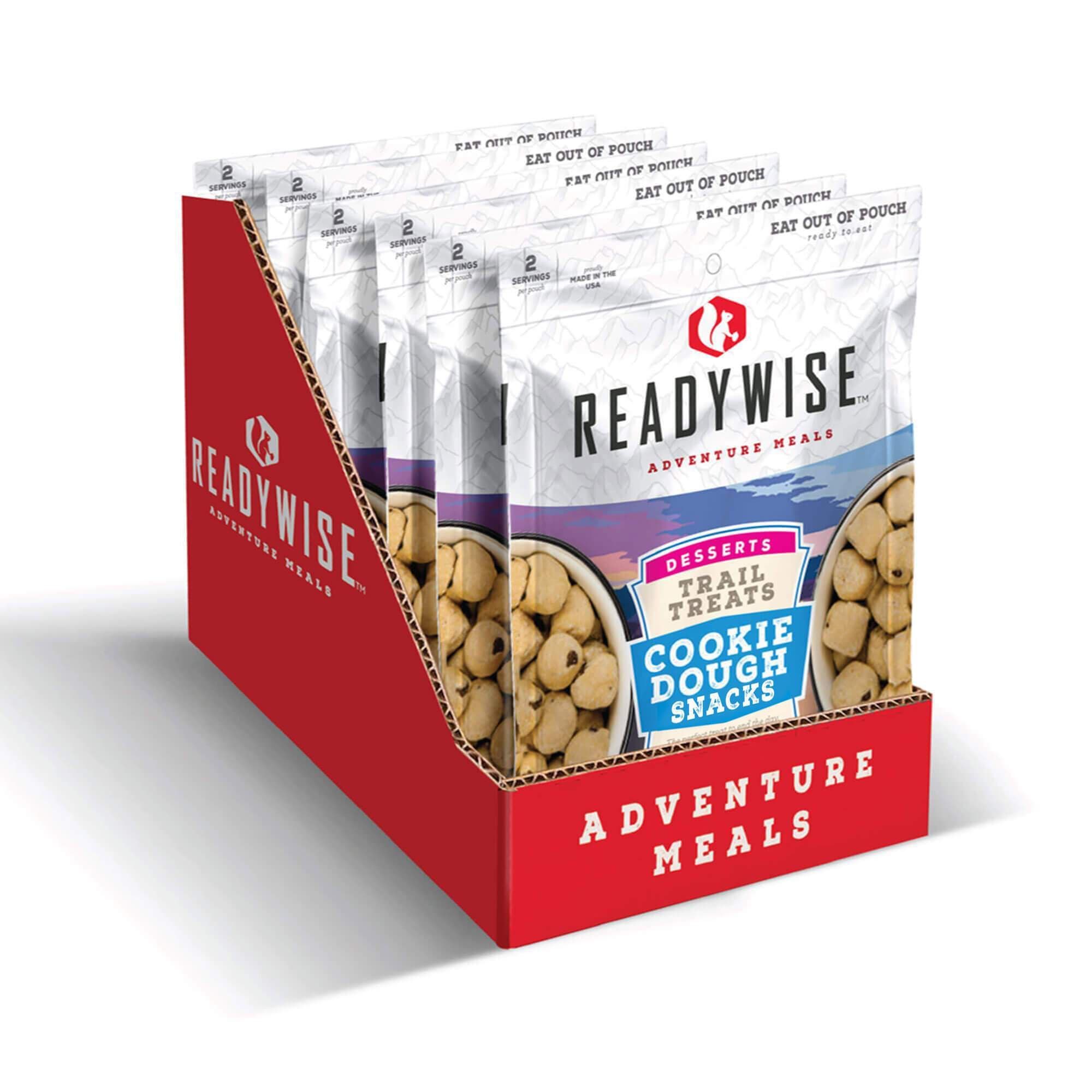A display of *ReadyWise (formerly Wise Food Storage) Trail Treats Cookie Dough Snacks - 6 Pack (SHIPS IN 1-2 WEEKS) in a box.