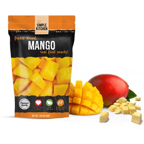 A bag of ReadyWise (formerly Wise Food Storage) Freeze-Dried Mango - 6 Pack - (SHIPS IN 1-2 WEEKS) with a slice of mango next to it.