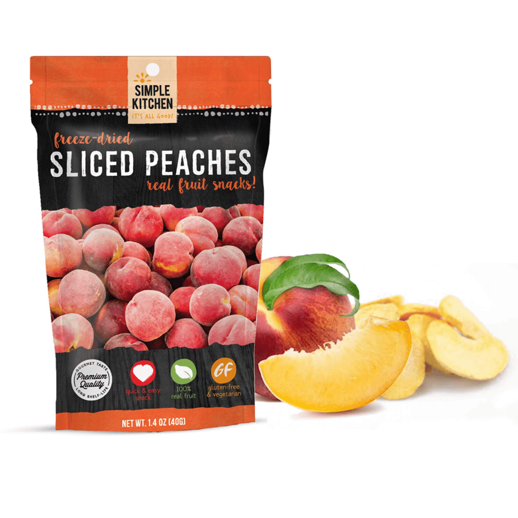 ReadyWise (formerly Wise Food Storage) Freeze-Dried Peaches with a bag next to them.