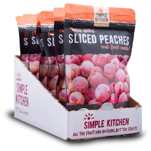 Sliced ReadyWise (formerly Wise Food Storage) Freeze-Dried Peaches in a box on a white background.