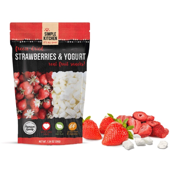 A bag of ReadyWise (formerly Wise Food Storage) Freeze-Dried Strawberries and Yogurt - 6 Pack - (SHIPS IN 1-2 WEEKS) with a bag next to it.