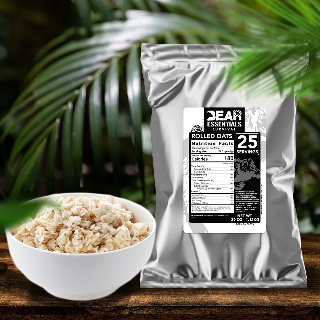 A bowl of Bear Essentials Survival 15 Day Emergency Food Supply Box - 189 Servings - (SHIPS IN 1-4 WEEKS) next to a bag of Bear Essentials Survival 15 Day Emergency Food Supply Box - 189 Servings - (SHIPS IN 1-4 WEEKS).