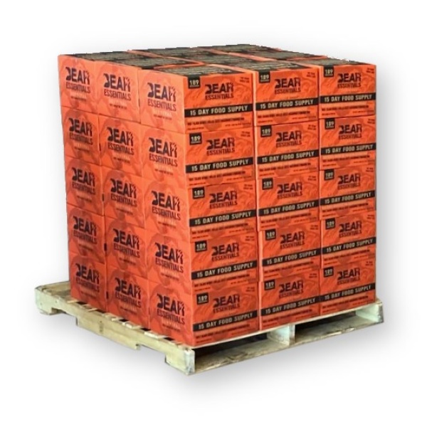 A stack of Bear Essentials Survival 30 Day Emergency Food Supply - Two Boxes - 378 Servings - (SHIPS IN 1-4 WEEKS) on a pallet.