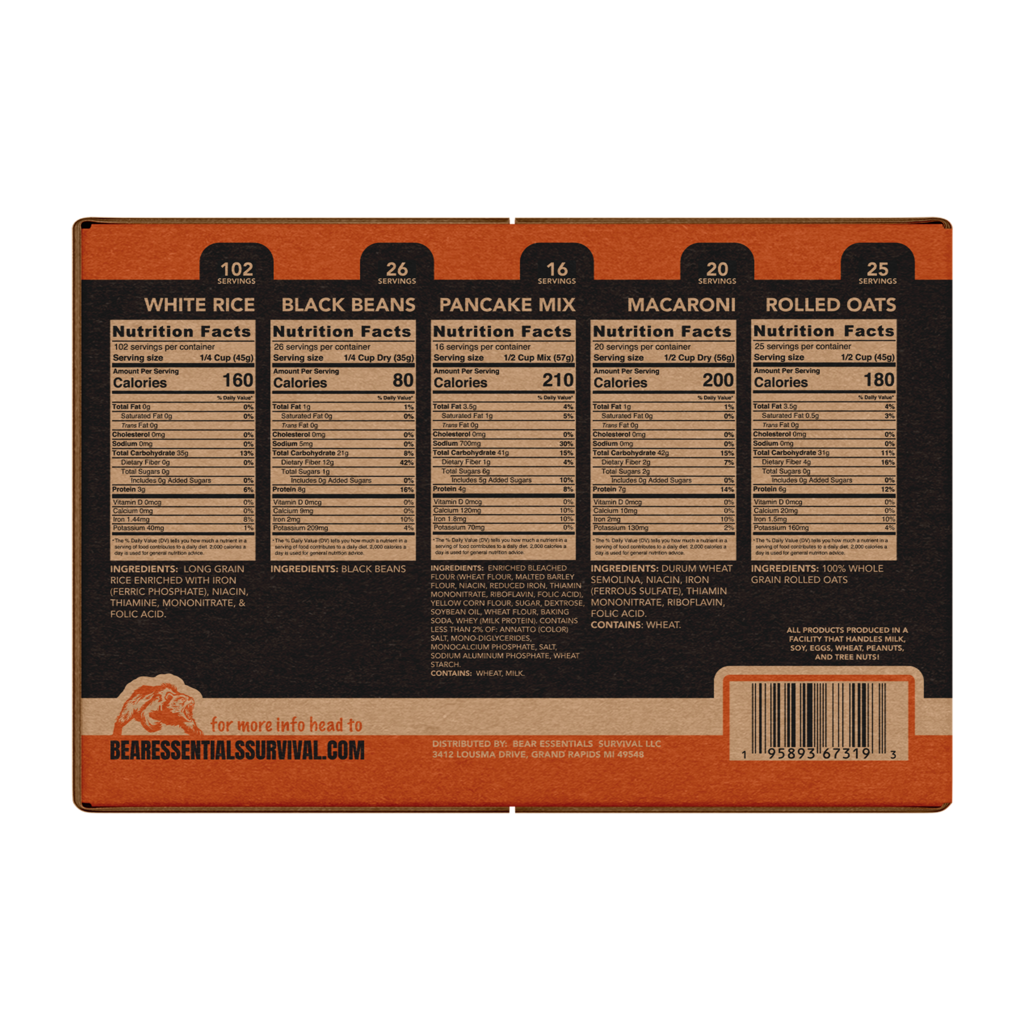A black and orange Bear Essentials Survival 15 Day Emergency Food Supply Box - 189 Servings - (SHIPS IN 1-4 WEEKS) package of food.