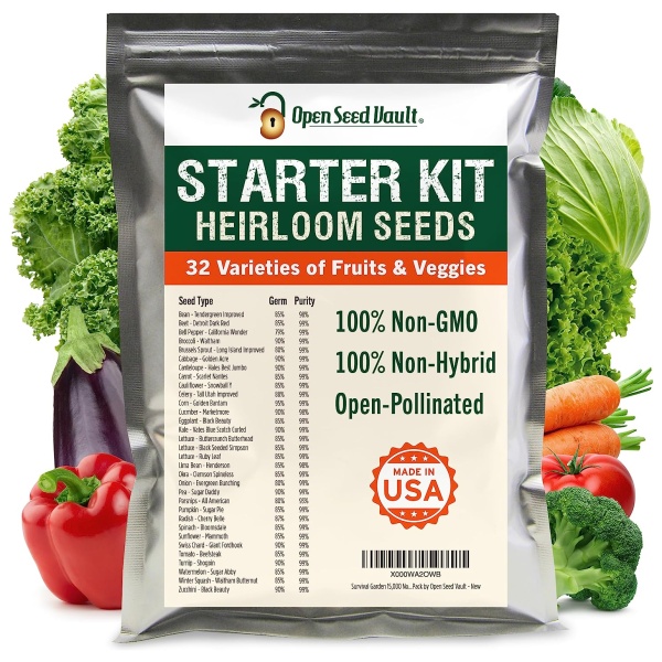 Open seed starter kit for emergency food storage with heirloom seeds.
