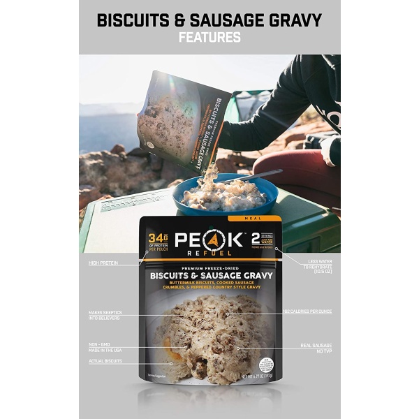 Peak Refuel Freeze-Dried Breakfast, Lunch, and Dinner Sampler Food Storage and Backpacking Food Kit - (SHIPS IN 1-2 WEEKS) biscuits & sausage gravy.
