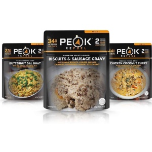 Three packages of Peak Refuel Freeze-Dried Breakfast, Lunch, and Dinner Sampler Food Storage and Backpacking Food Kit - (SHIPS IN 1-2 WEEKS) repel.