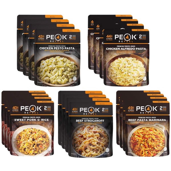 A Peak Refuel Freeze-Dried Entree Variety Pack Food Storage and Backpacking Food Kit - (SHIPS IN 1-2 WEEKS) of pasta and meat in a plastic bag.