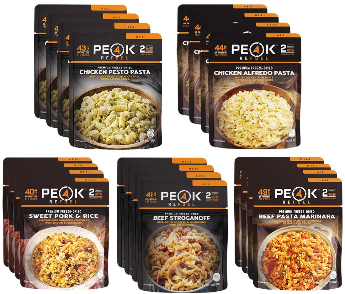 A Peak Refuel Freeze-Dried Entree Variety Pack Food Storage and Backpacking Food Kit - (SHIPS IN 1-2 WEEKS) of pasta and meat in a plastic bag.