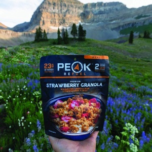 A person holding a Peak Refuel Traverse Pack Variety Meals Food Storage and Backpacking Food Kit (SHIPS IN 1-2 WEEKS) in front of a mountain.