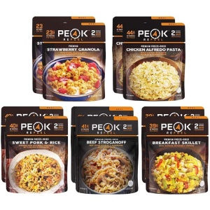 A Peak Refuel Traverse Pack Variety Meals Food Storage and Backpacking Food Kit (SHIPS IN 1-2 WEEKS) with different types of food.