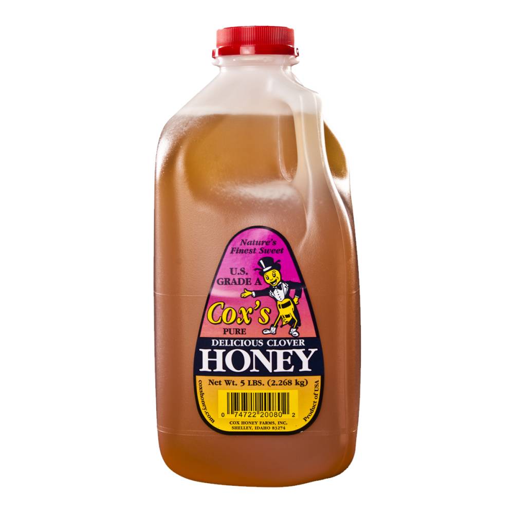 A gallon of Cox's Honey Gluten-Free Liquid Honey Cox Grade a 5 lbs Pail - 108 Servings - (SHIPS IN 1-4 WEEKS) on a white background.