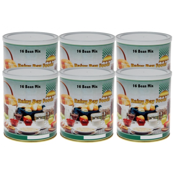 Five cans of Rainy Day Foods Gluten-Free 16 Bean Mix 6 (Case of Six) #10 Cans - 156 Servings – (SHIPS IN 1-2 WEEKS) on a white background.