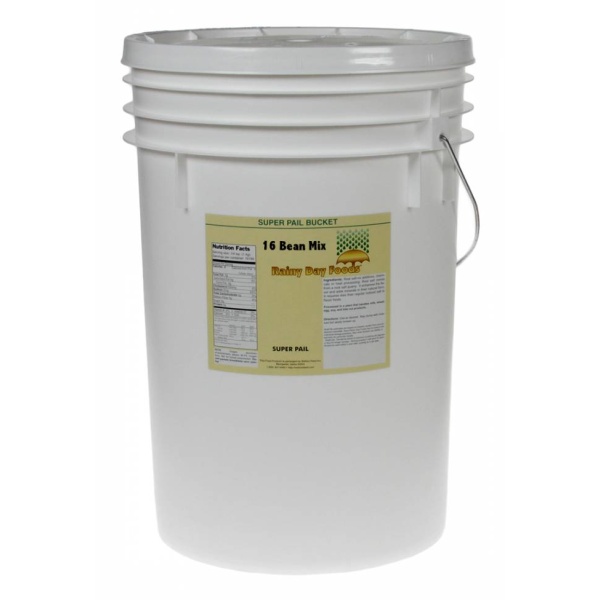 A white *Rainy Day Foods Gluten-Free 16 Bean Mix - 5 Gallon 35 lbs Super Pail - 172 Servings - (SHIPS IN 5-10 WEEKS) with a white label on it.