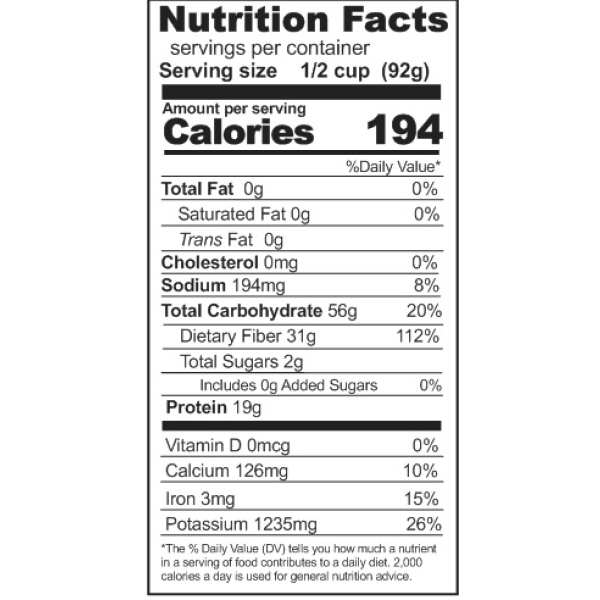 A nutrition label showing the nutrition facts of Rainy Day Foods Gluten-Free 16 Bean Mix.