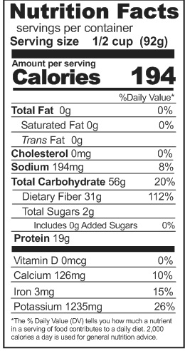 A nutrition label showing the nutrition facts of Rainy Day Foods Gluten-Free 16 Bean Mix.