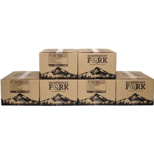 A stack of NorthWest Fork Gluten-Free 6 Month Food Supply - Non-GMO, Kosher, and Vegan - (SHIPS IN 1-3 WEEKS) boxes with a mountain in the background.