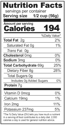 A nutrition label displaying the nutrition facts for Rainy Day Foods 6 Grain Rolled in a 48 oz #10 Can, with 24 servings.