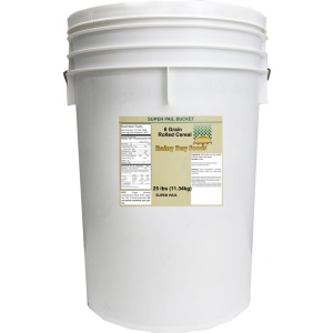 A white bucket with a label for Rainy Day Foods 6 Grain Rolled.