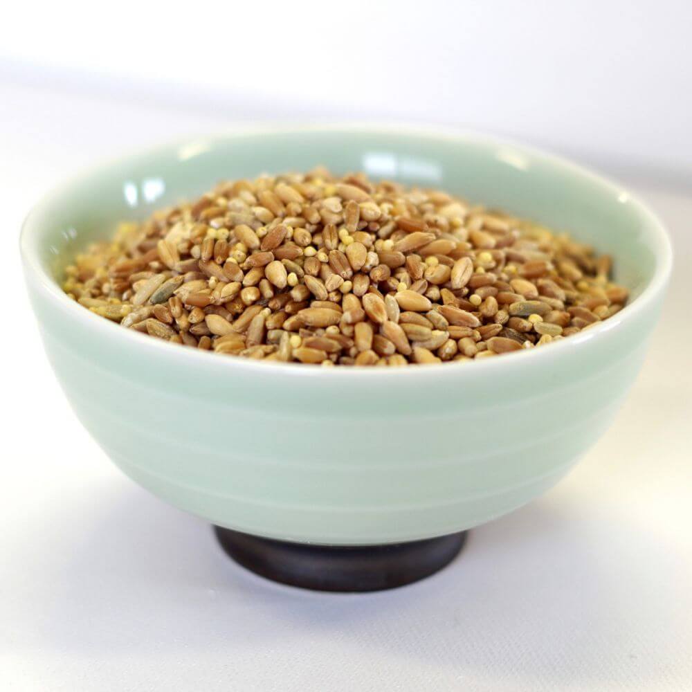 Buckwheat groats for emergency food storage in a bowl on a white surface.