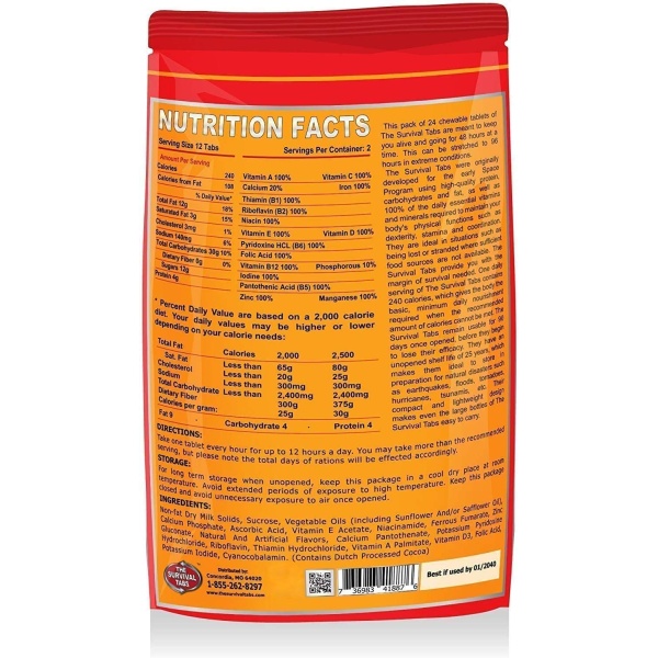 The back of a Survival Tabs - Mixed Flavor Variety Pack - 96 Food Tablets - (SHIPS IN 1-2 WEEKS) bag of nutrition facts.
