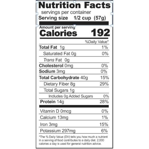 A nutrition label displaying the nutrition facts of Rainy Day Foods ABC Soup Mix 84 oz 6 (Case of Six) #10 Cans - 251 Servings.