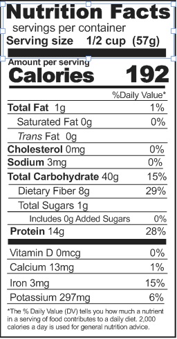 A nutrition label displaying the nutrition facts of Rainy Day Foods ABC Soup Mix 84 oz 6 (Case of Six) #10 Cans - 251 Servings.