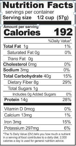 A nutrition label displaying the nutrition facts of an emergency food storage product.
