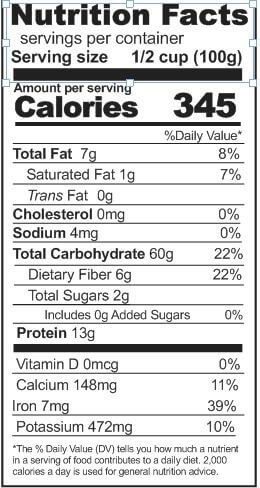 A nutrition label displaying the nutrition facts of an emergency food storage.
