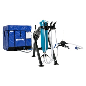 A blue Aquamira Divvy 750 Emergency Water Filtration System with hoses and a bag.
