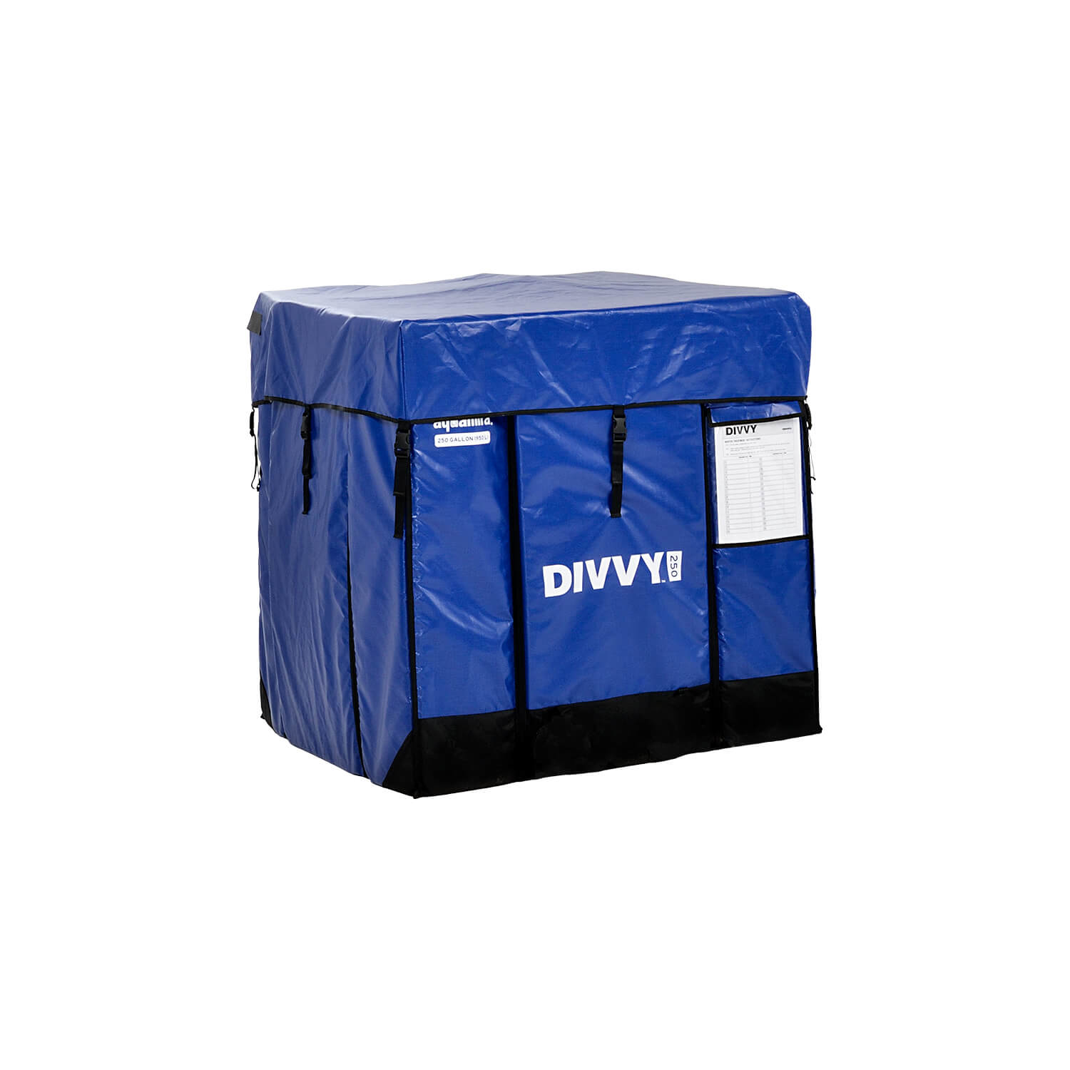 A blue box with the word Aquamira Divvy 750 Emergency Water Filtration System on it.
