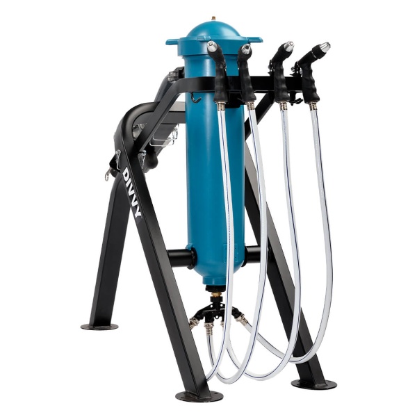 A blue and black Aquamira Divvy 750 Emergency Water Filtration System with two hoses on it.