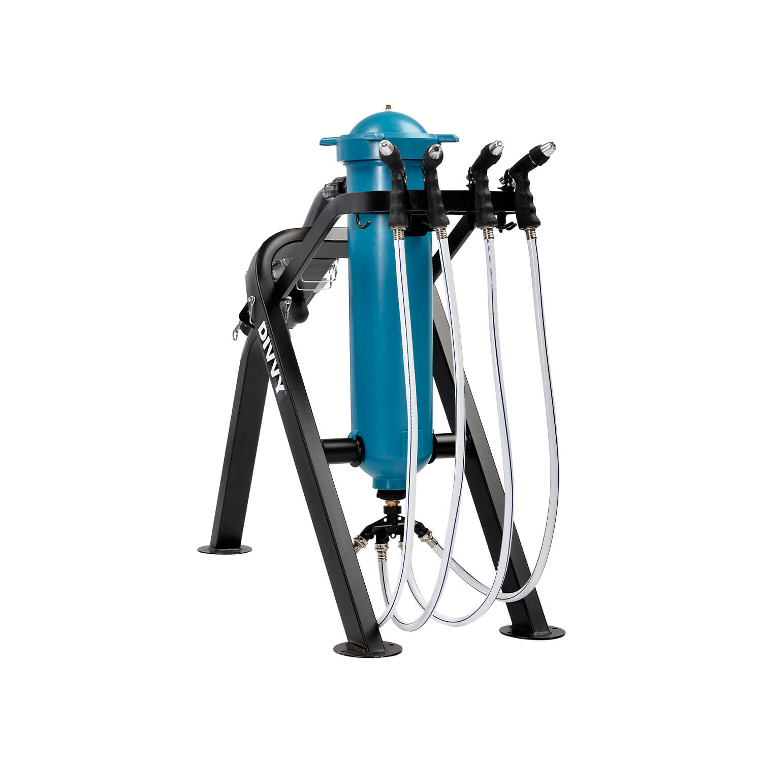 A blue and black Aquamira Divvy 750 Emergency Water Filtration System with two hoses on it.