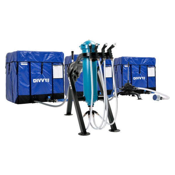 A blue and white Aquamira Divvy 750 Emergency Water Filtration System with hoses attached to it.