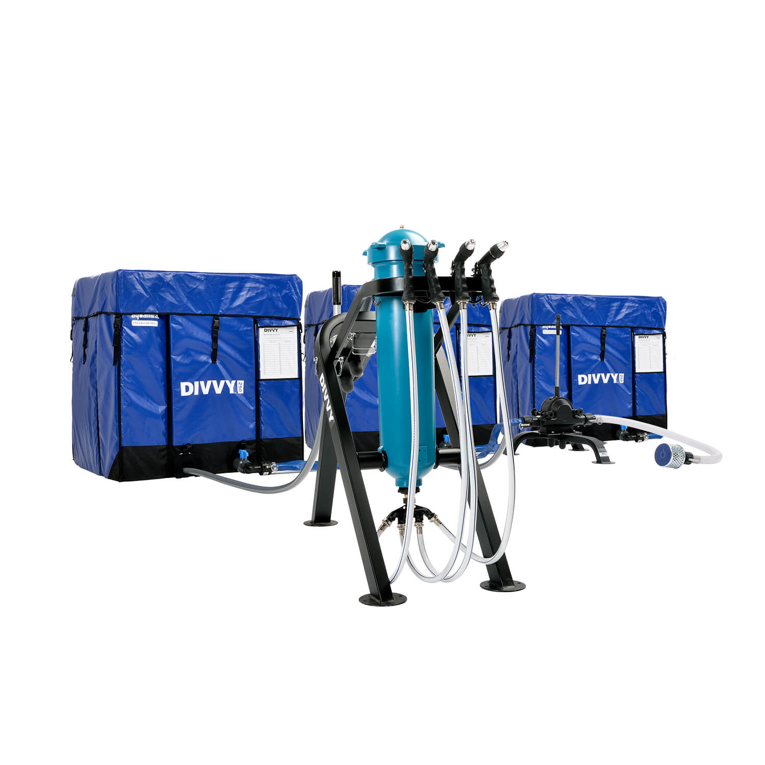 A blue and white Aquamira Divvy 750 Emergency Water Filtration System with hoses attached to it.
